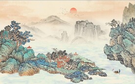 中式青绿瀑布山水国画电视背景墙