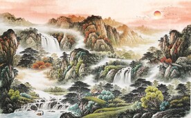 中式青绿瀑布山水国画电视背景墙