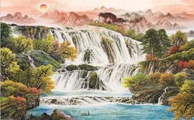 中式青绿瀑布山水国画电视背景墙