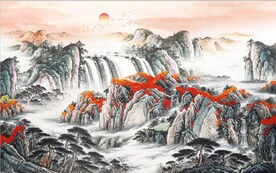 鸿运当头山水国画电视背景墙