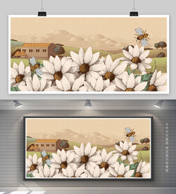 复古乡村插画 花卉 蜜蜂