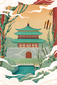 中国风中式古典国潮手绘风景古建