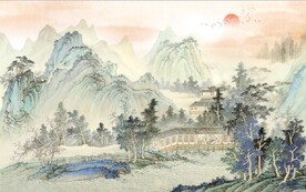 中式青绿瀑布山水国画电视背景墙