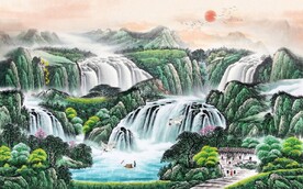 中式青绿瀑布山水国画电视背景墙