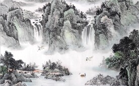 中式青绿瀑布山水国画电视背景墙