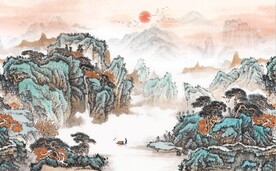 中式青绿瀑布山水国画电视背景墙