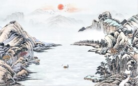 中式青绿瀑布山水国画电视背景墙