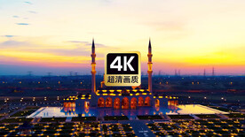 航拍晚霞中阿拉伯清真寺