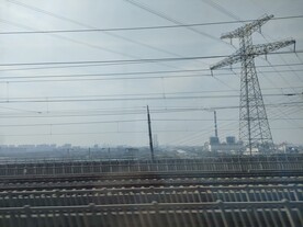 高铁窗外风景高压线和轨道