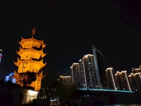 芜湖夜景中江塔周边建筑灯光缤纷