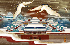 北京城雪景手绘烫金城市