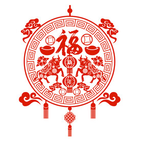中国结福字牛年剪纸矢量图