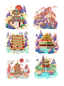 国潮风城市地标山水建筑