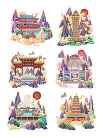 国潮风城市地标山水建筑