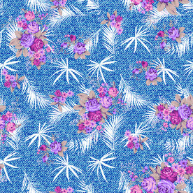 大牌牛仔纹花卉印花