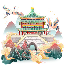 国潮风国庆节山水建筑钟楼