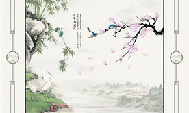 晶瓷画山水画梅花电视背景墙