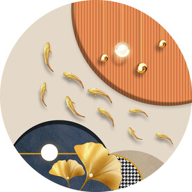 圆形银杏叶子几何九鱼装饰画