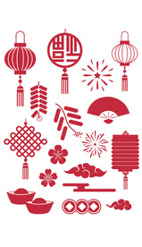 新年贴纸新春中国结灯笼鞭炮竹扇