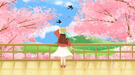 粉色樱花里的小女孩创意插画设计