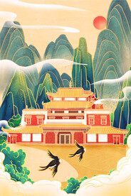 手绘花鸟山水风景画海报素材