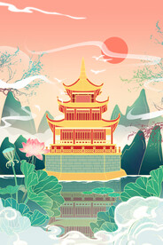 手绘花鸟山水风景画海报素材