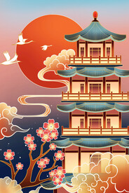 手绘花鸟山水风景画海报素材