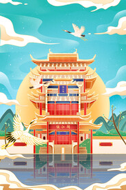 手绘花鸟山水风景画海报素材