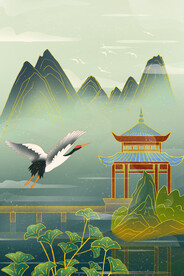 手绘花鸟山水风景画海报素材