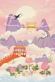 手绘花鸟山水风景画海报素材