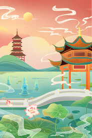 手绘花鸟山水风景画海报素材