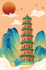 手绘花鸟山水风景画海报素材