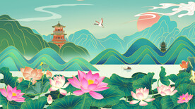 手绘花鸟山水风景画海报素材