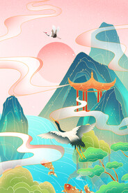 手绘花鸟山水风景画海报素材
