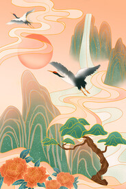 手绘花鸟山水风景画海报素材