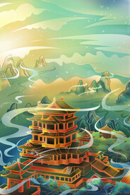 手绘花鸟山水风景画海报素材
