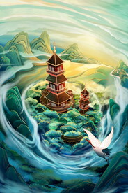 手绘花鸟山水风景画海报素材