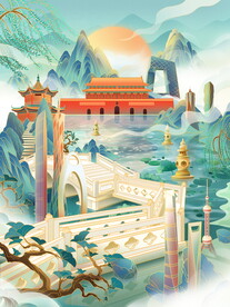 手绘花鸟山水风景画海报素材