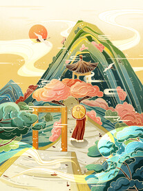 手绘花鸟山水风景画海报素材