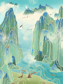 手绘花鸟山水风景画海报素材
