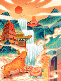 手绘花鸟山水风景画海报素材