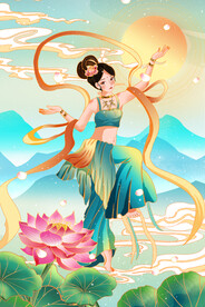 飞天手绘卡通仙女中国风荷花云山