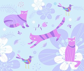 手绘矢量猫猫和小鸟图