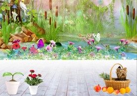 花卉绿草小溪背景