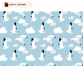 卡通海鸥和云朵无缝背景矢量图