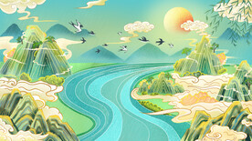 绿色山水祥云燕子中国风插画