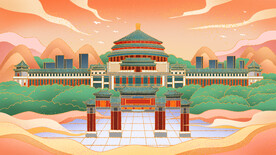 中国风新中式建筑手绘插画