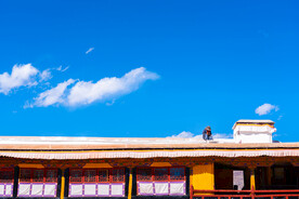 西藏拉萨布达拉宫屋顶与粉刷工人