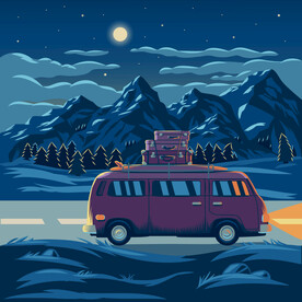 矢量夜景山丘汽车插画