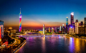 航拍广州傍晚珠江城市夜景